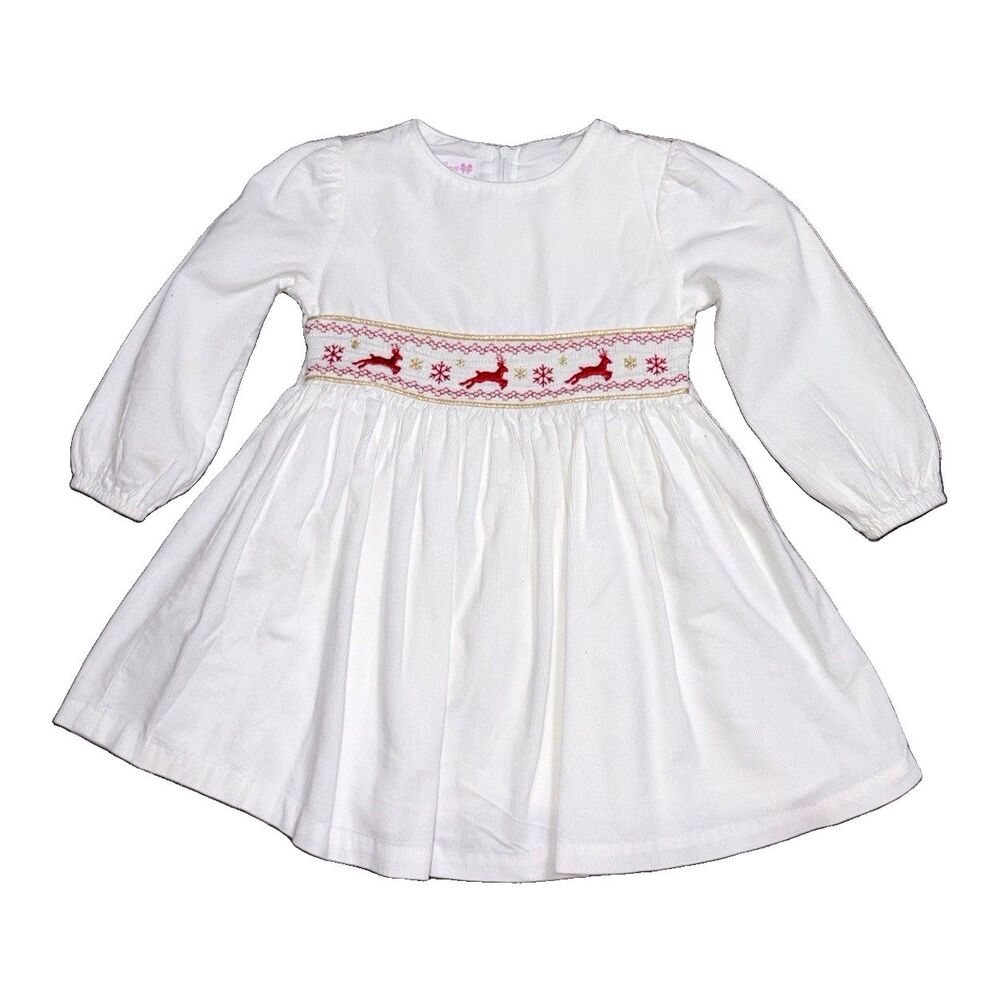Bonnie Jean Girl 2T Ivory Corduroy Smocked Reindeer Christmas Dress Cotton Lined
